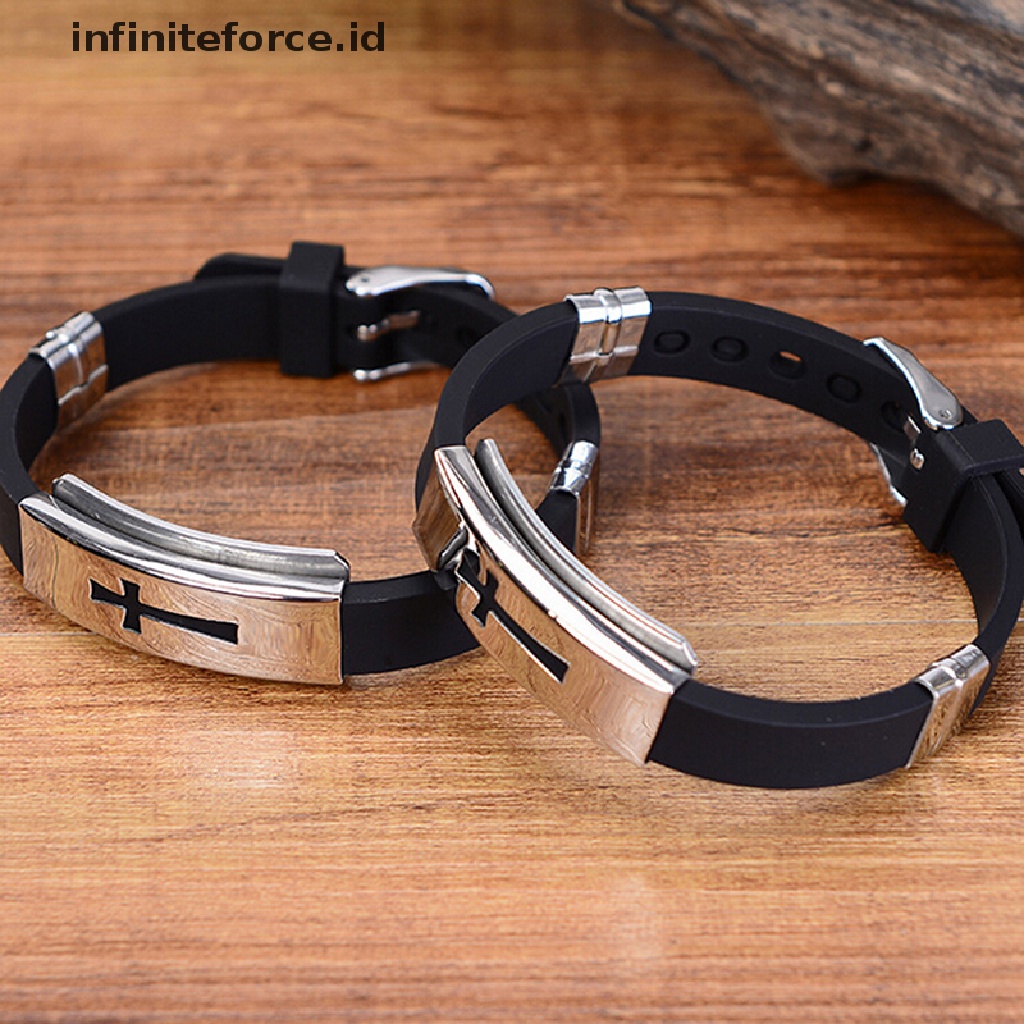 Infiniteforce.id Gelang Tangan Karet Hitam Aksen Salib Stainless Steel Untuk Wanita