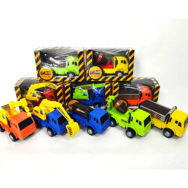 mainan truk konstruksi 5 varian ( truk molen, truk begu , truk kayu, dump truk , lift truk )