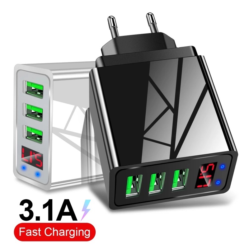 Adapter Charger 3 Port Usb 3.0 Fast Charging Display Digital Led Untuk Tablet / Handphone Eu / Us / Uk