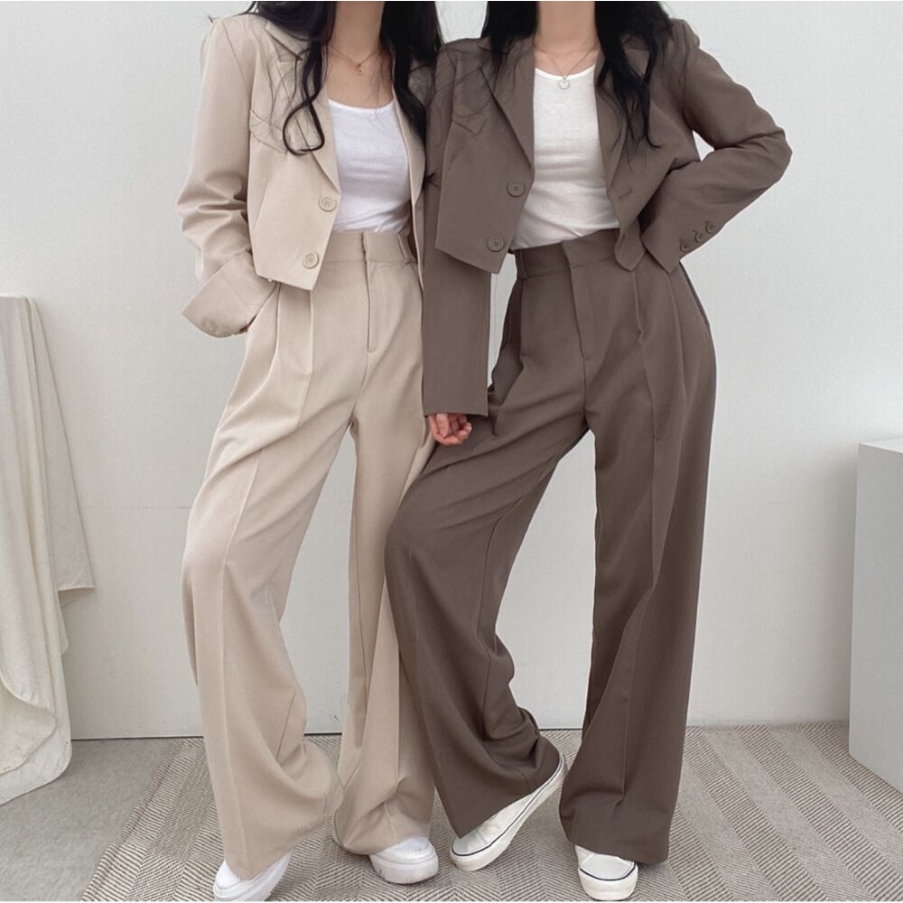 Setelan Wanita Kekinian Korean Style Celana Kulot Highwaist Loose/Blazer Crop Lengan Panjang One Set Import