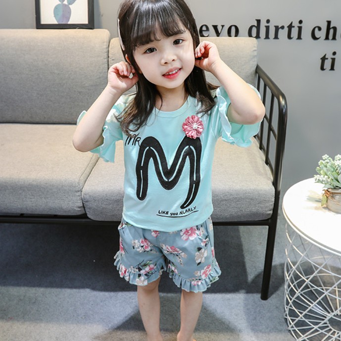 KF Cat Setelan anak perempuan / set baju celana anak cewek import bunga cantik 1-4thn bahan katun trendy-BIRU