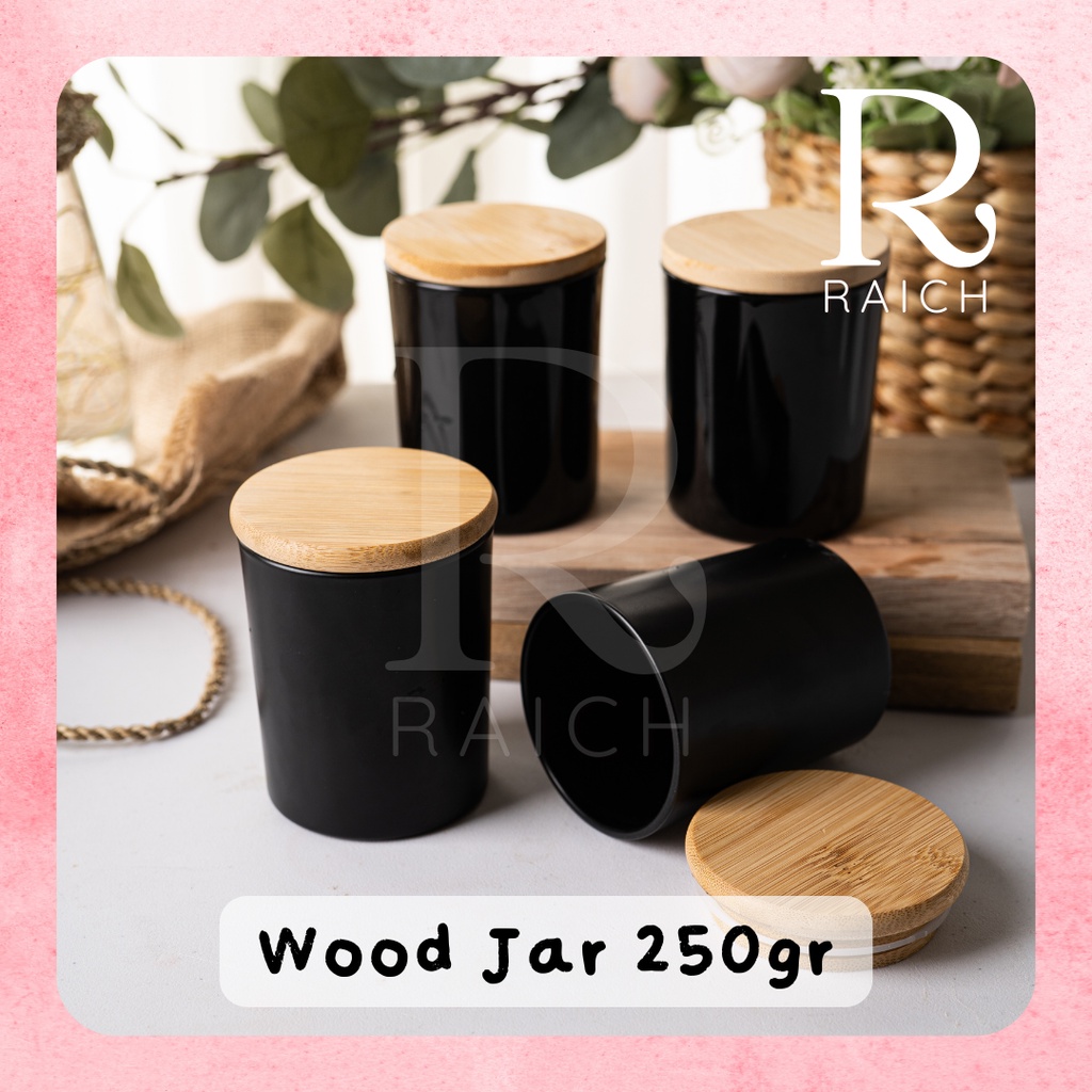 250GR Candle Jar Wood Bamboo Lid Gelas Container Lilin Bumbu Kayu Hitam Doff &amp; Frosted Masak Dapur