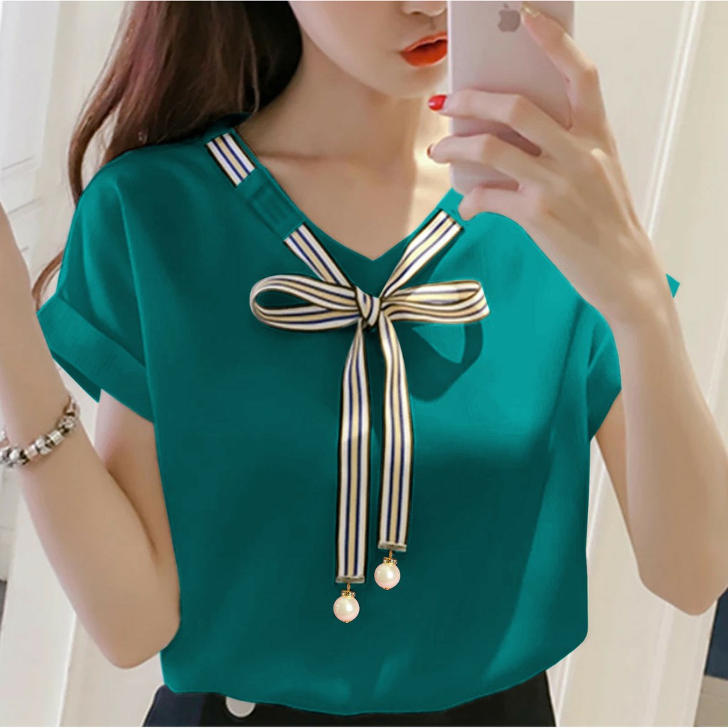 BISA COD - BLOUSE LAURA Blouse Korean Style Wanita Remaja Atasan Kaos Blouse Wanita Dewasa Lengan Pendek Bahan Balotelly-8