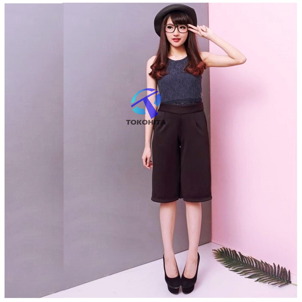 Morashop Celana Kulot Pendek Bahan Scuba, Celana Dewasa 7/8 Fit to XL-Hitam