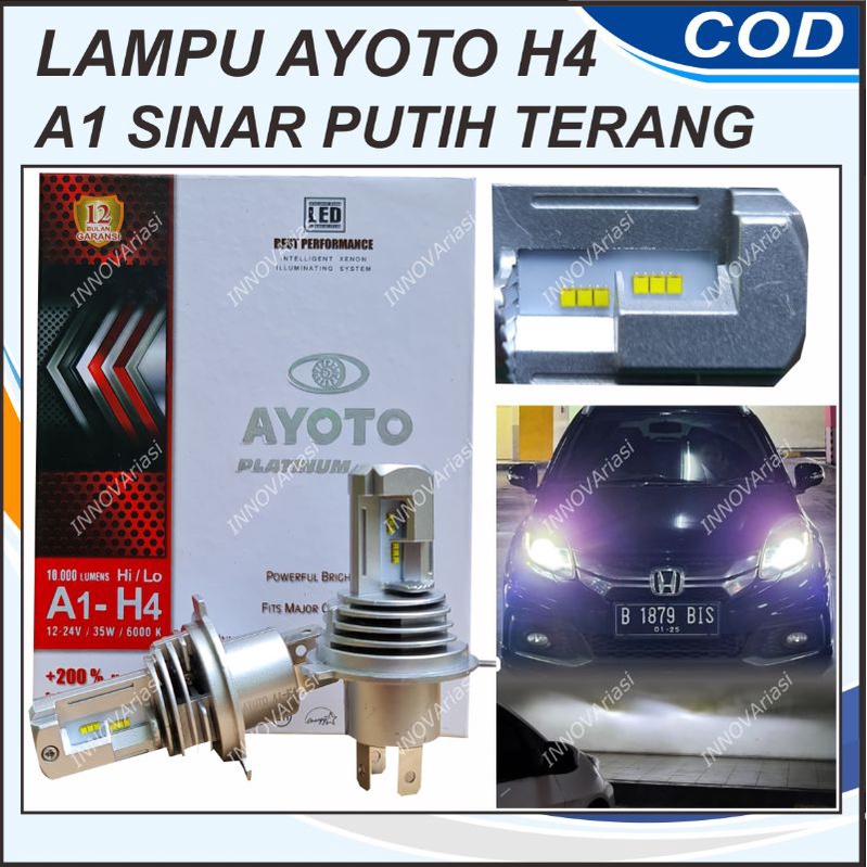 LAMPU LED UTAMA MOBIL AYOTO A1 H4 ORIGINAL SINAR PUTIH 70 WATT / SEPASANG : AVANZA XENIA ACCORD CITY