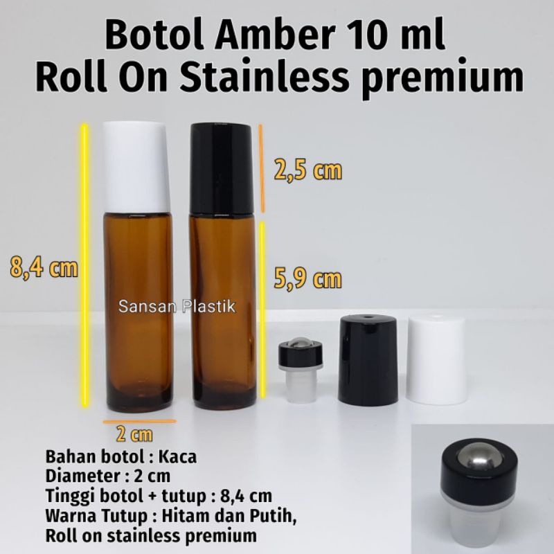 Botol Roll on 10 ml kaca Amber / Botol Roll on 10ml Stainless Premium