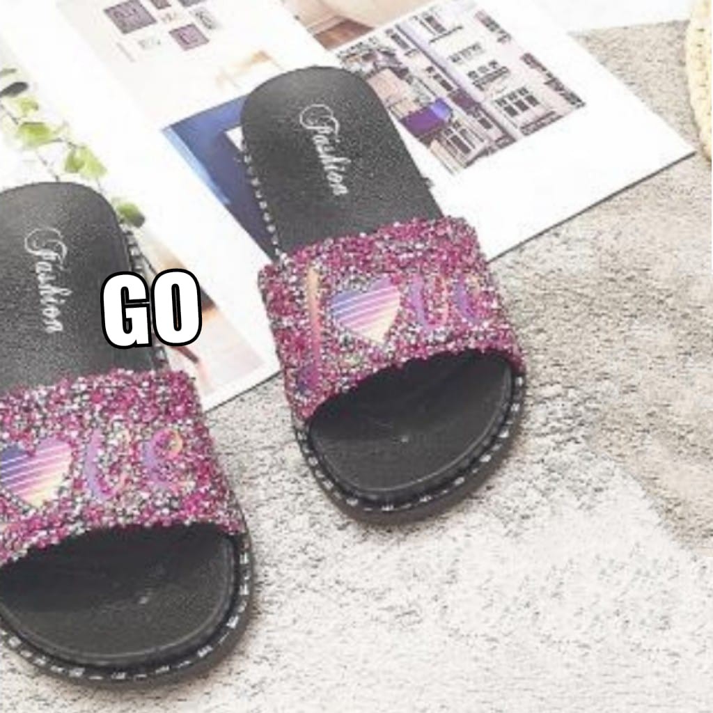 gos Import LOVE BLING-BLING Sandal Wanita Murah Slip Casual Teplek Sendal Cewek Flat