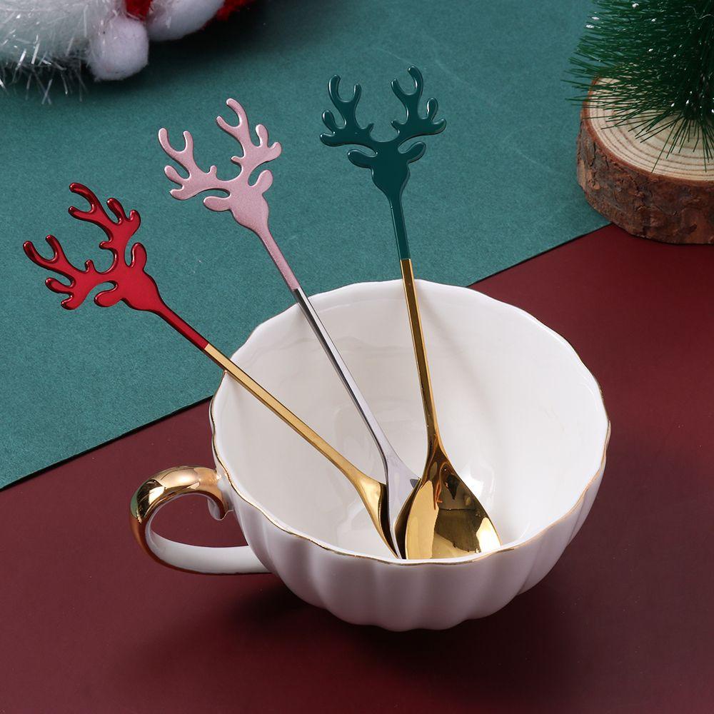 Preva Sendok Natal Desserts Christmas Deer Head Stirring Spoon Xmas Tanduk