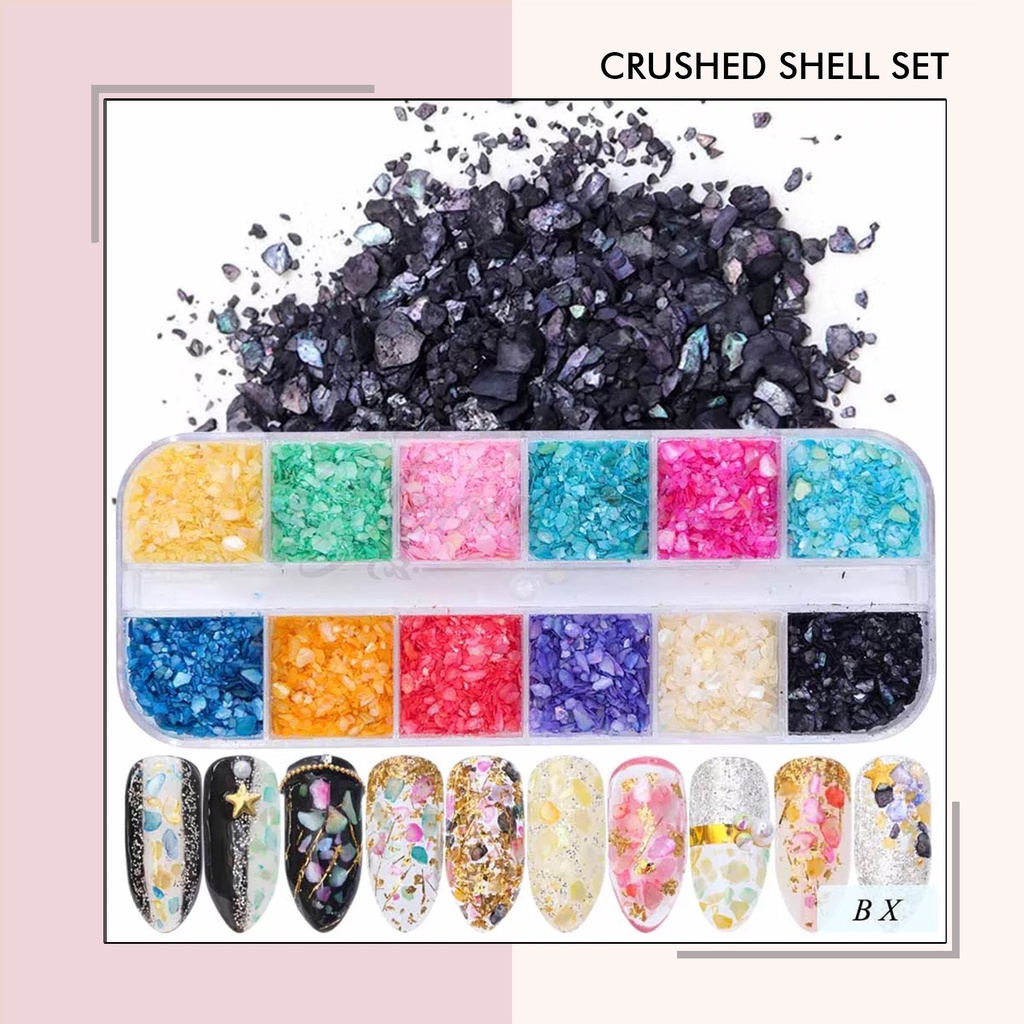 Crushed shell set 12 warna crash shell nail art pecahan batu kerang kuku nails