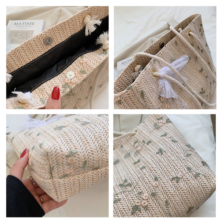 Totebag Kuliah Bahan Anyam Jerami Lace Leaf Korean Style Import