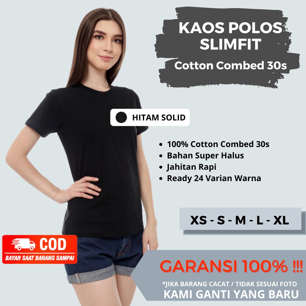 Baju Kaos Polos Wanita Slimfit Lengan Pendek Kaos Oblong Cewek Ketat Santai Cotton Combed 30S Hitam