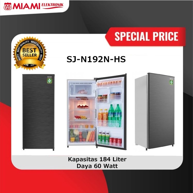 SHARP Lemari Es 1 Pintu 184 Liter SJ-N192N-HS / Kulkas 60 Watt SJN192NHS