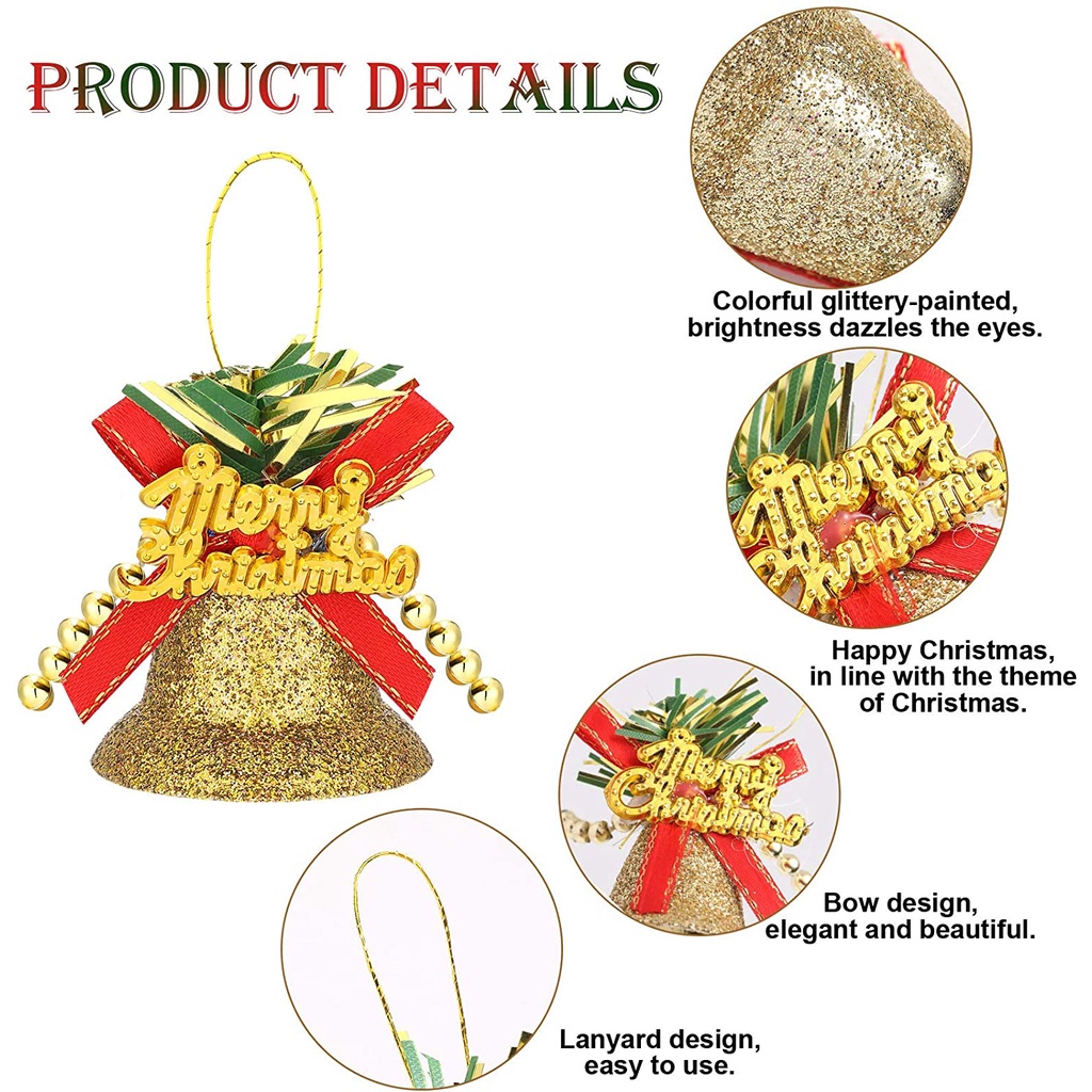 [Christmas Products]  6 Pcs/Box Christmas Creative Colorful Decorations Gold Dust Bows Bells Pendant