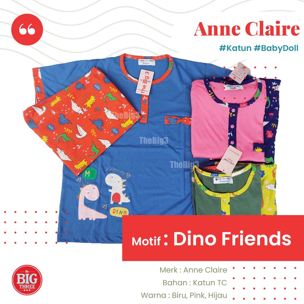 ANNE CLAIRE Setelan Lengan Celana Pendek Panjang All size BabyDoll Tidur - DINO FRIENDS