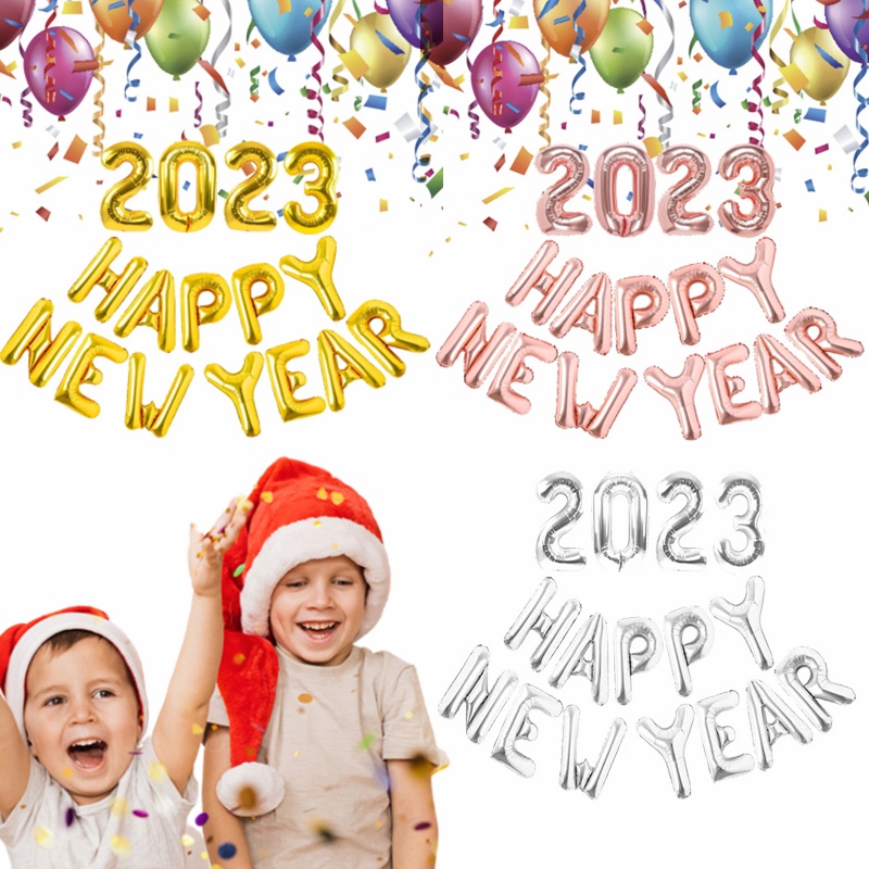 Set Balon Aluminum Foil Desain Huruf Happy New Year Ukuran 16 Inci 2023inci Dapat Digunakan Kembali