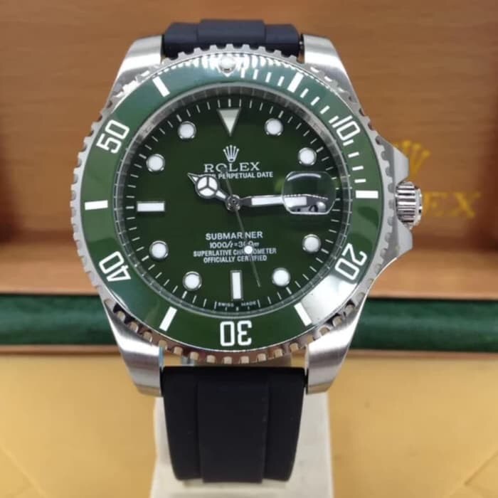 COD - New Arrival Jam Rolex Submariner Hijau Black Rubber Phosphor Kaca Anti Gores Stainless
