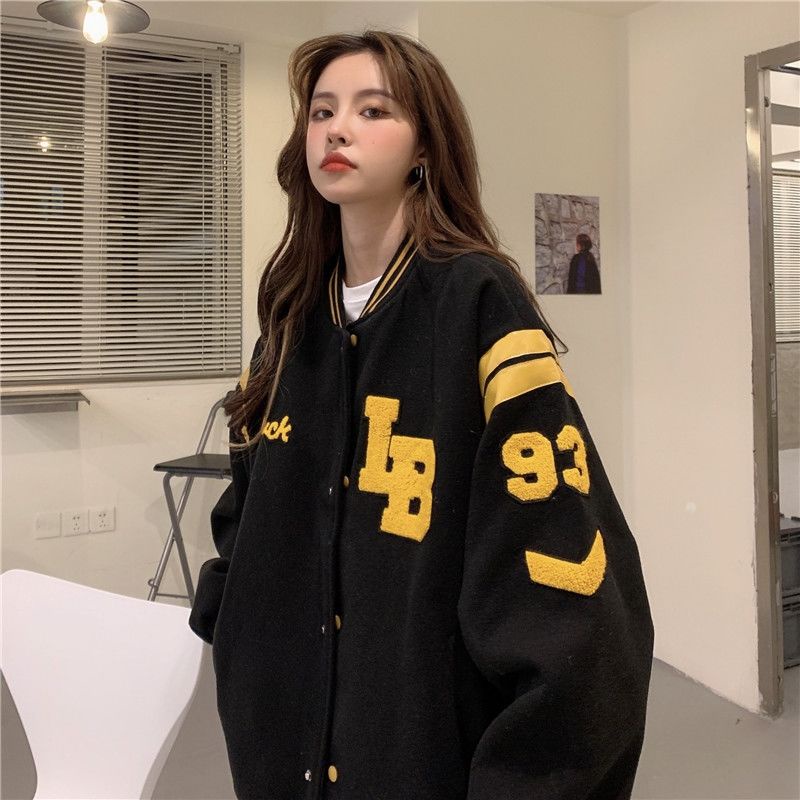 LB BLACK 93 VARSITY JACKET OVERSIZE PRIA WANITA SWEATER BASEBALL FASHION TERKINI CASUAL FASHION FLEECE TEBAL