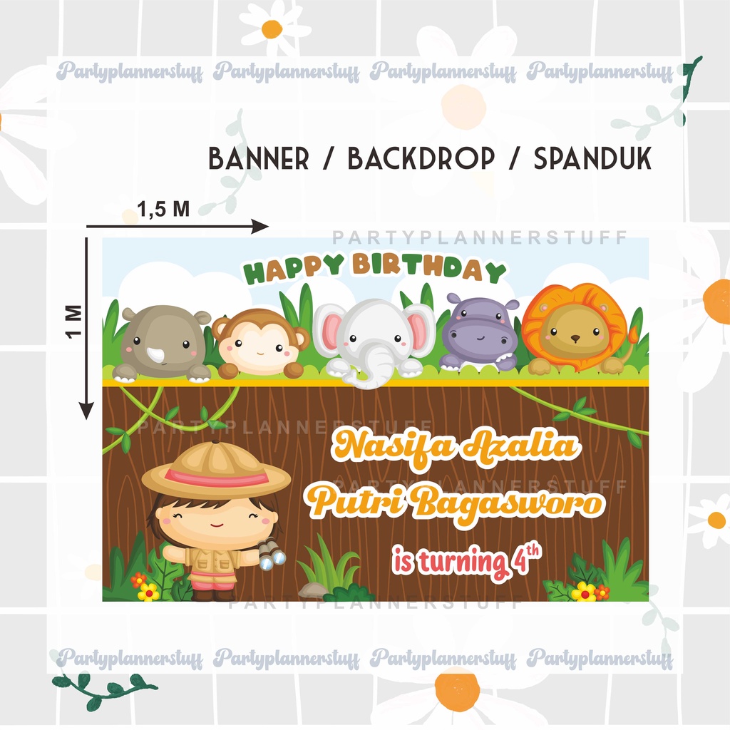 Banner backdrop spanduk ulang tahun anak cewek tema zoo animal wild party custom dekorasi ultah anak