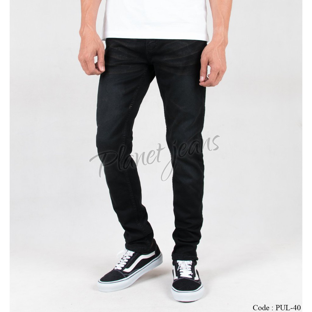Celana jeans panjang skinny pria black washed Denim skiny warna Deep Brown Cowok PUL40