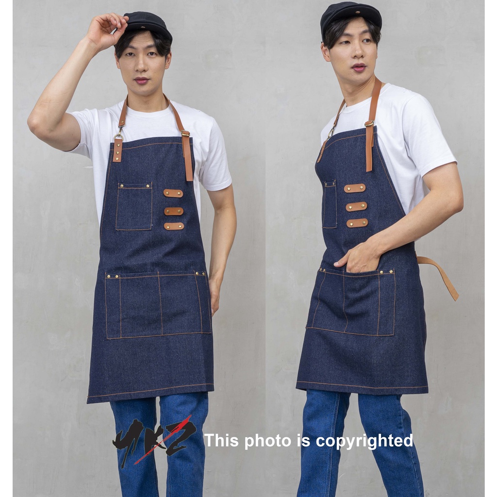 PROFESIONAL APRON  FOR APRON BARISTA / BARBERSHOP BLUE JEANS DENIM STRAP SYNTHETIC LEATHER APRON CLE