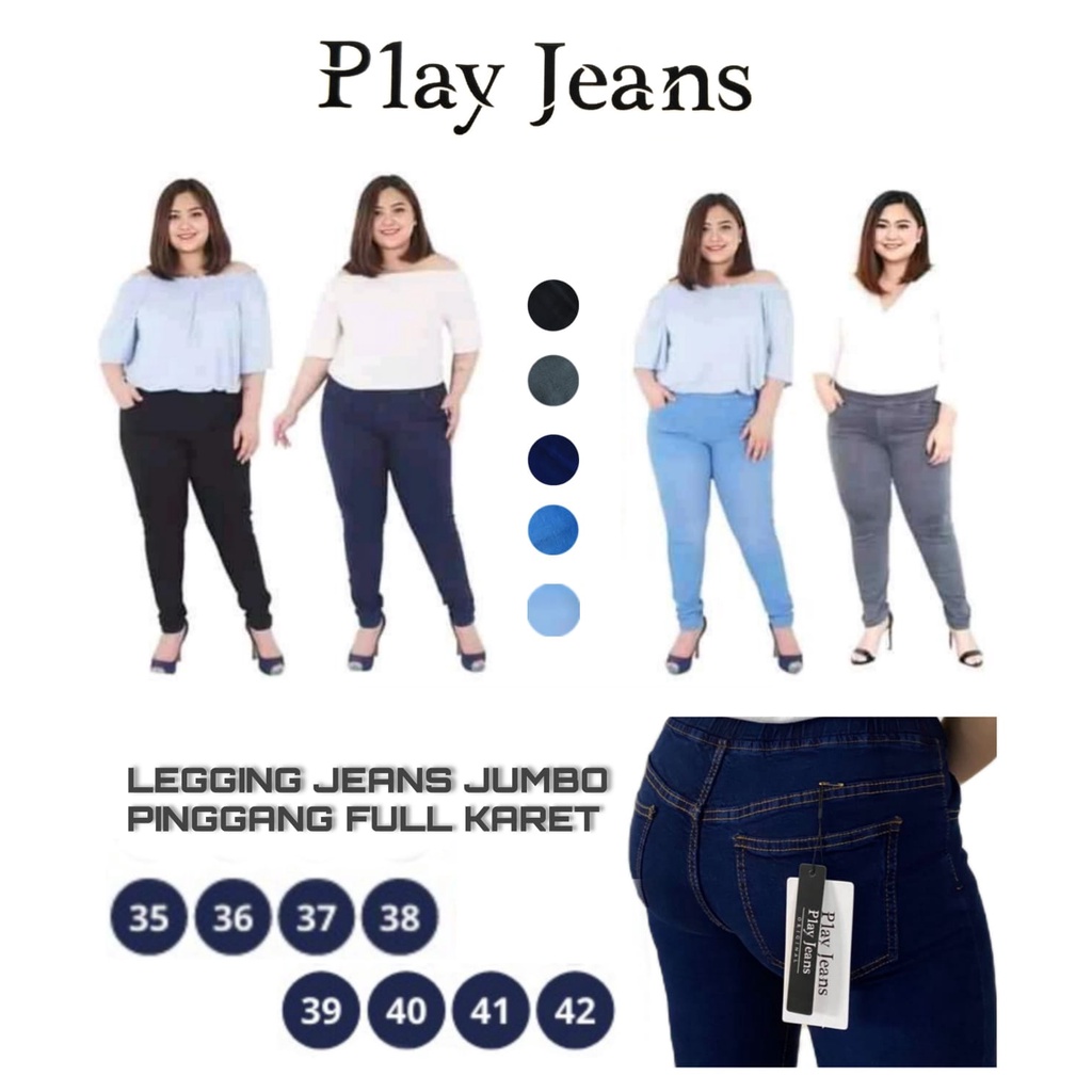 Play Jeans - Celana Jeans Pinggang Full Karet Celana Jeans Wanita Legging Jeans Jumbo Size 31-42