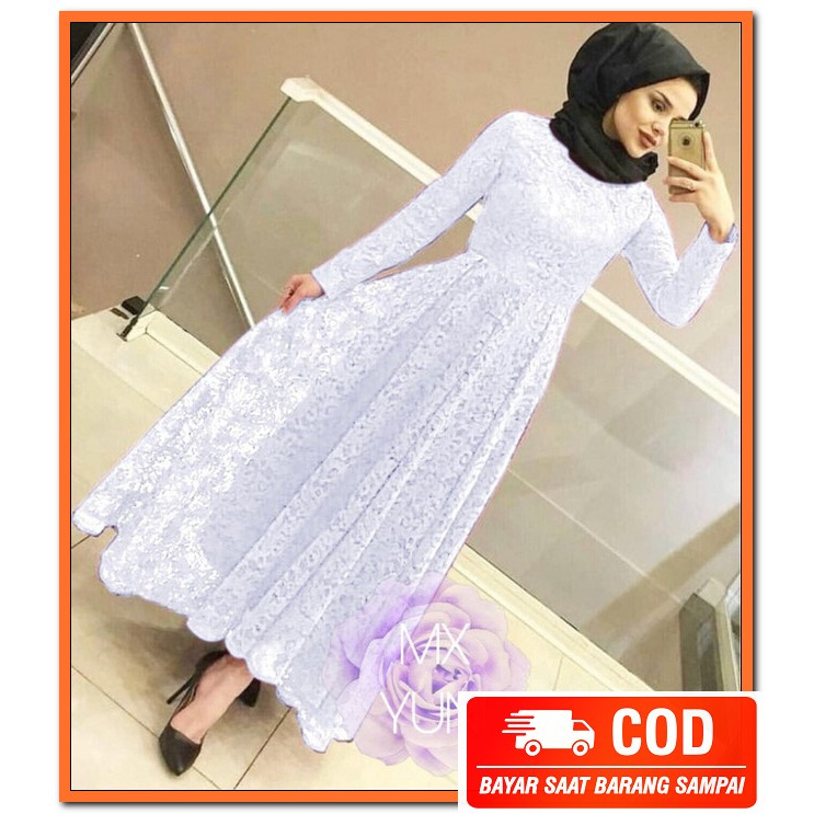 Gamis Remaja Terbaru Murah Kekinian Modern Polos 2020 Tangung Pre CZ473 Maxi Yuni Brukat Putih [Hij