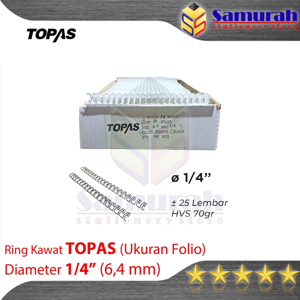 

Ring Binder Kawat Topas Ukuran Folio 1/4" Diameter 6,4 mm / 38 Wire Ring Binding 3 : 1 isi 100 Batang / 38 Lubang