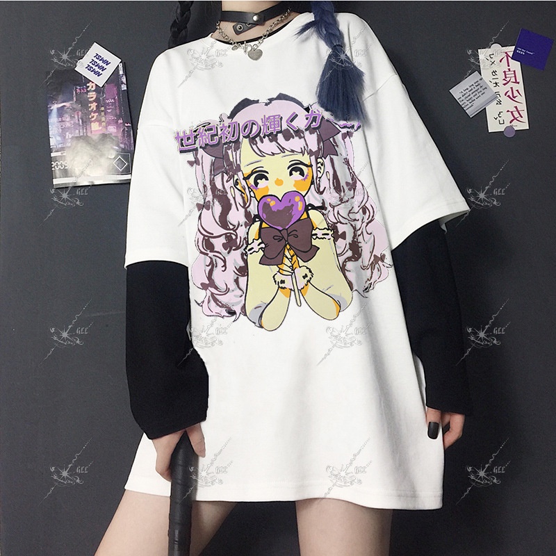 #Sisjuly# insPrinting2022Musim Panas Baru Longgar Lengan Pendek Dua Potong PalsuTT-shirt Wanita Jepang Lucu Pa