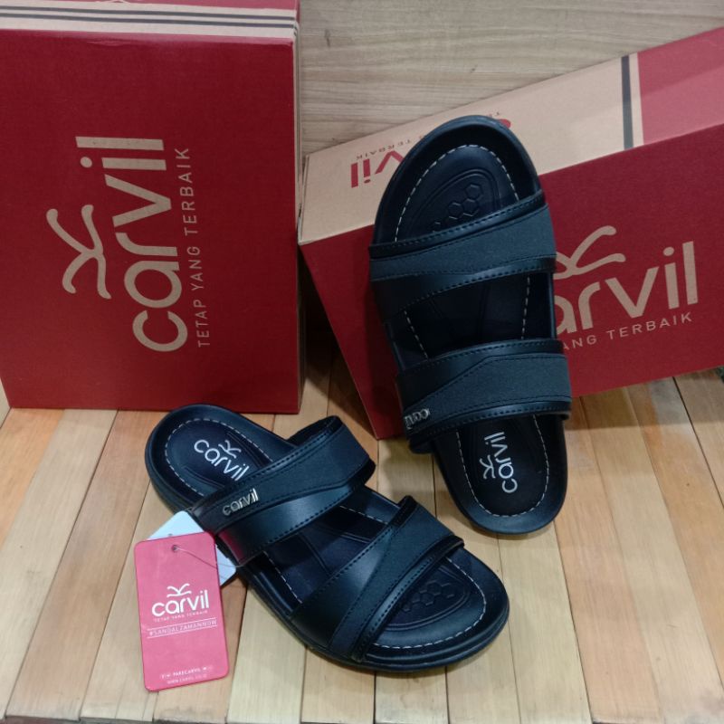sandal kulit pria CARVIL ALFREDO-02M Hitam tali2 ORIGINAL.Sandal kulit pria terbaru kualitas ekspor.
