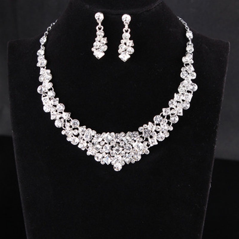 Set Perhiasan Kalung Anting Stud Bahan Alloy Aksen Berlian Untuk Pernikahan