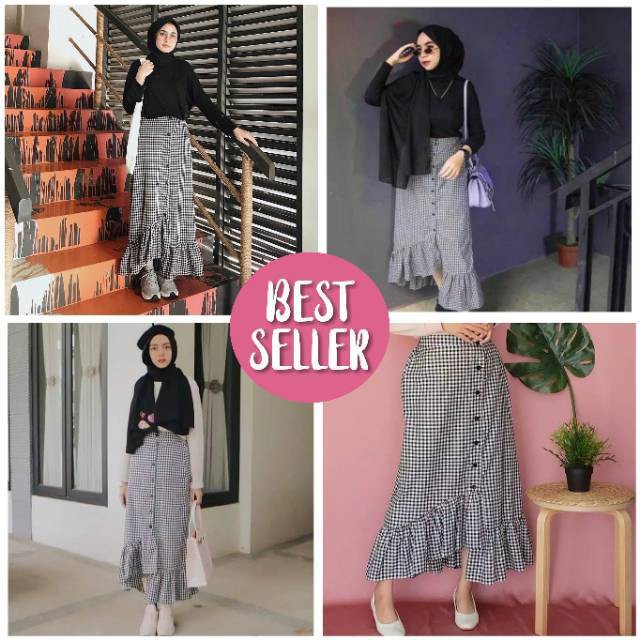 MAXI PLAID RUFFLE SKIRT ROK PANJANG MOTIF ZARA SQUARE SKIRT ROK PANJANG WANITA HIJAB ROK KOTAK