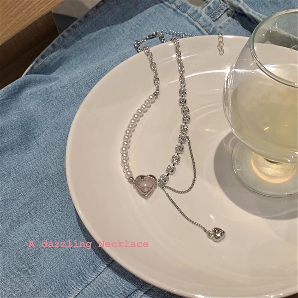 【COD Tangding】Kalung Rantai Klavikula Desain Hati Mosaik Aksen Mutiara Untuk Wanita