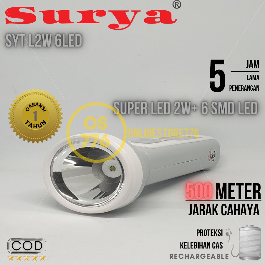 LAMPU SENTER EMERGENCY DARURAT SURYA SYT L2W 6SMD / SENTER DARURAT SURYA SYT L2W 6LED / CAHAYA PUTIH / RECHARGEABLE