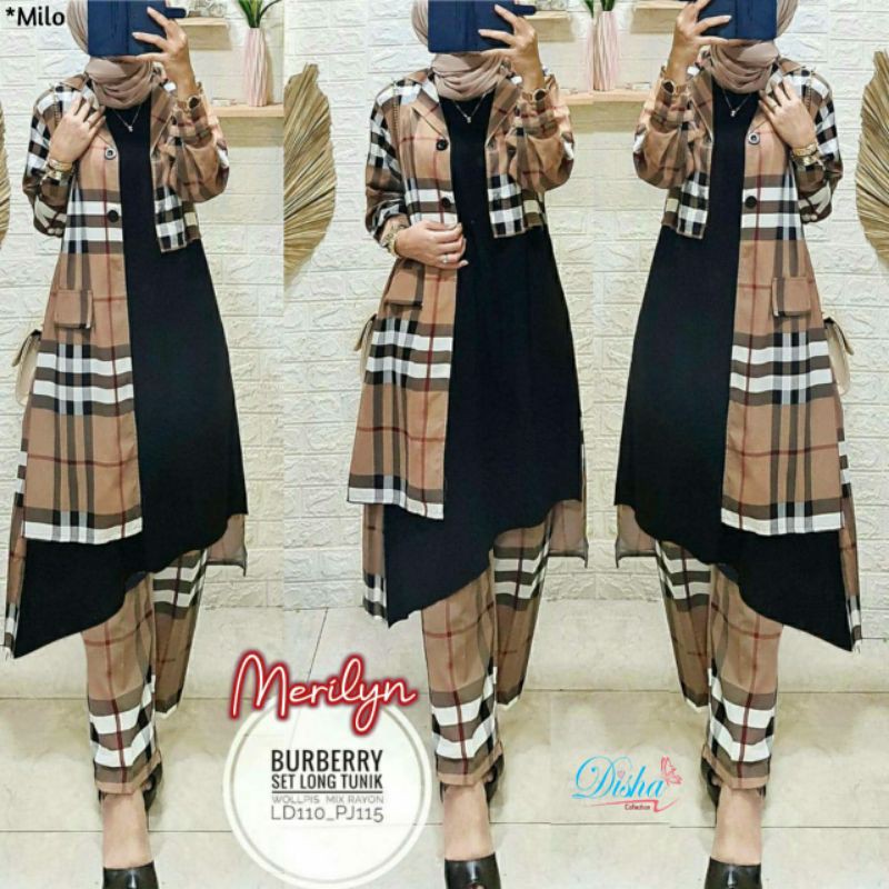 Baju muslim wanita - Setelan long tunik burberry set merilyn