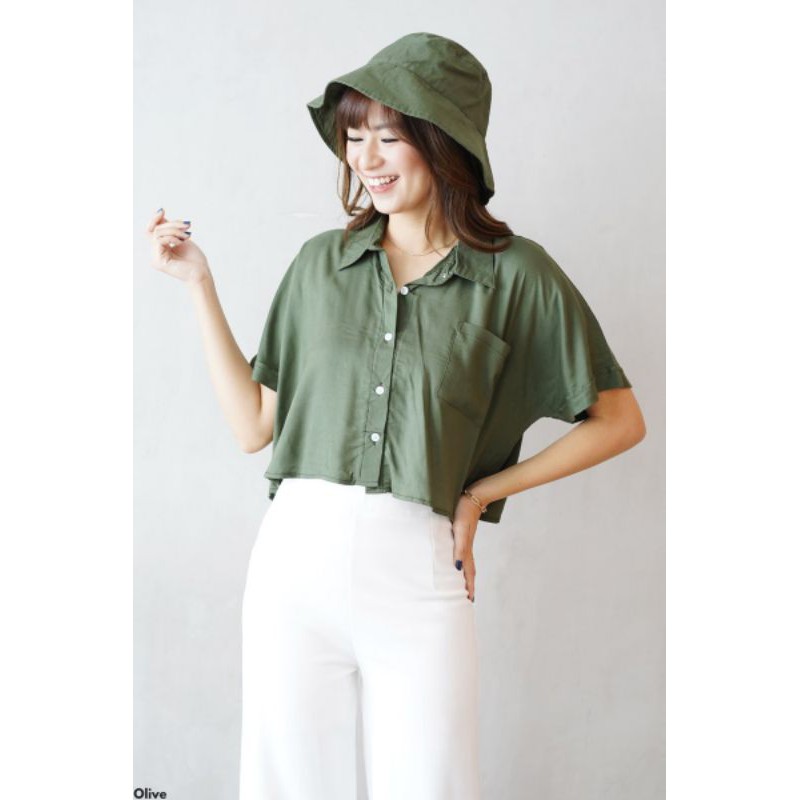 Oversized Rayon Crop Top Kemeja Wanita Casual Big Size Jumbo Polos Lengan Pendek-5