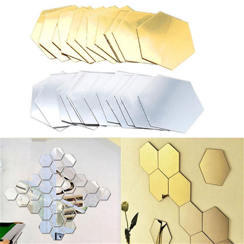 12pcs / set Stiker Dinding Decal Desain Hexagon 3D Dengan Efek Cermin, Dapat Dicopot