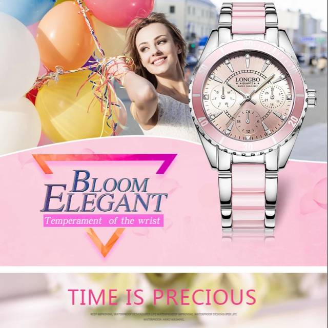 LONGBO JAM TANGAN WANITA ELEGAN KASUAL KERAMIK PINK