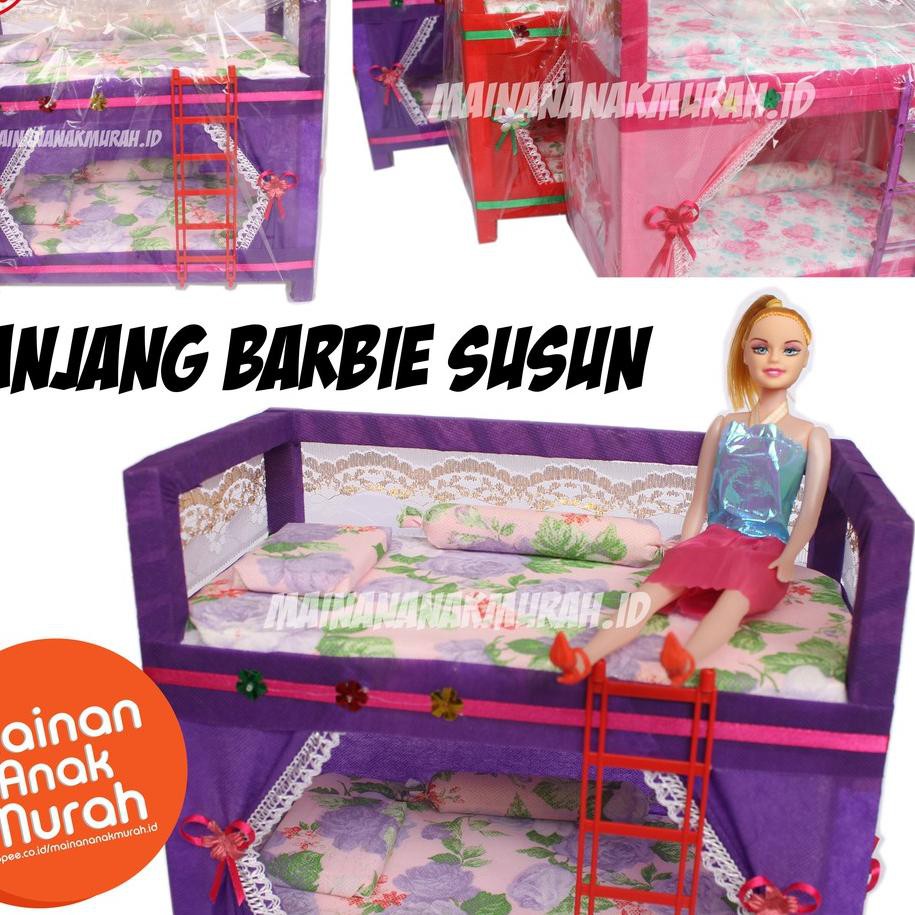 ASP-514 PROMO. Ranjang Kasur Tempat Tidur Kayu Boneka Barbie Kelambu Tirai Susun Bertingkat