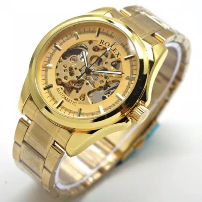 Jam Tangan Pria/Cowok Rolex Balok Automatic skelaton Full Gold