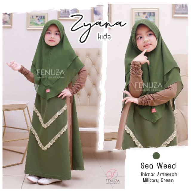 Zyana Kids Seaweeed size 3 LD 65 PB 74 Gamis Set Syari Anak by Fenuza Muslim Wear (Gamis + Khimar) e