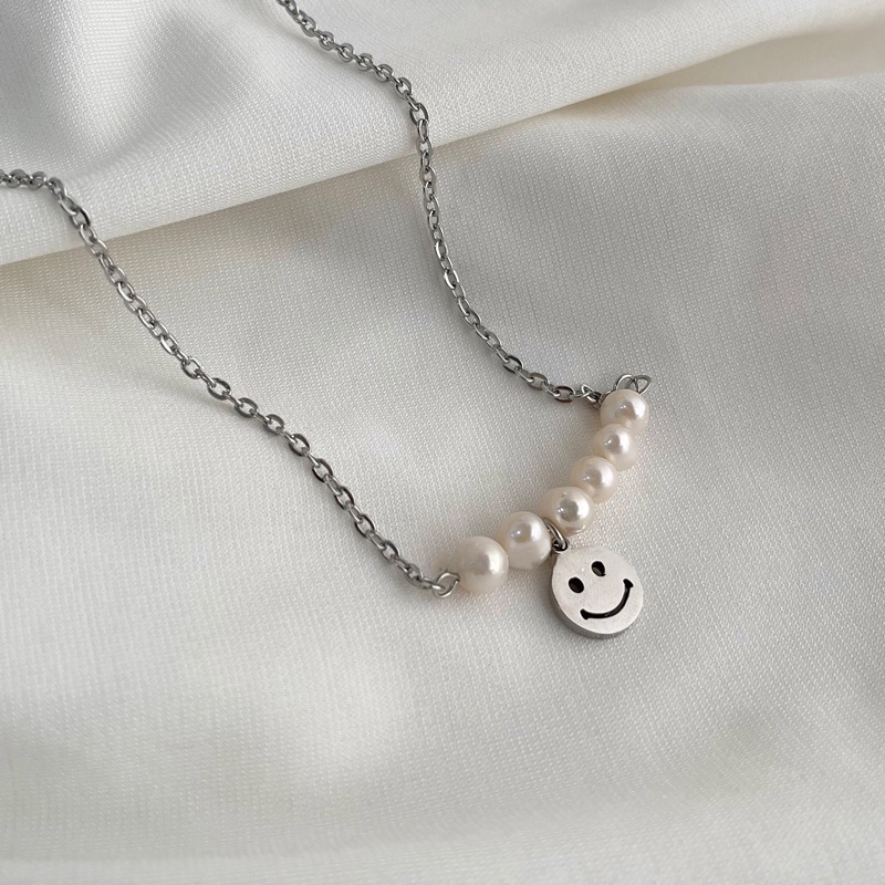 Kalung Choker Mutiara Manik-Manik Smiley Face Happy Lucky Necklaces Cute Untuk Perhiasan Wanita Gadis