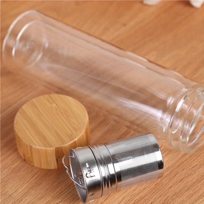 Infused Water Bottle Botol Tumbler Saringan Teh Stainless Tempat Minum Aesthetic Botol Minum Kaca Tutup Bambu