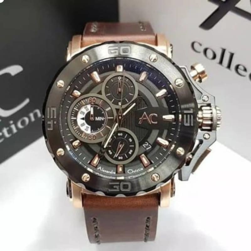 Alexandre Christie Collection Original Ac9205 Jam Tangan pria tali kulit full hitam