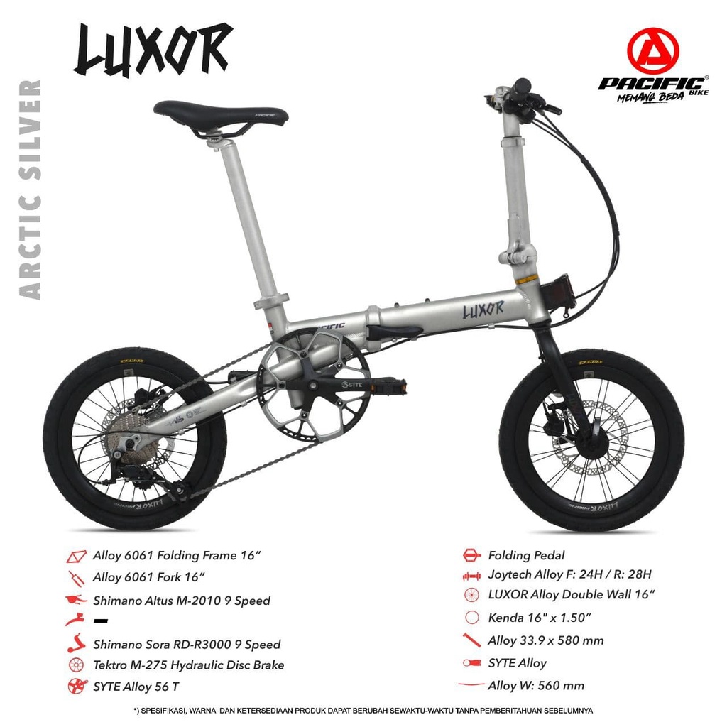 SEPEDA LIPAT PACIFIC LUXOR 16” 9 SPEED FRAME ALLOY SHIMANO SORA HYDRAULIC DISC BRAKE BICYCLE FOLDING BIKE