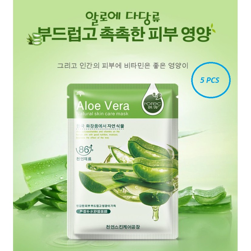 5 Pcs Masker Wajah HCHANA Aloe Vera Lidah Buaya / Masker Muka HCHANA ROREC Aloe Vera Facial Sheet Mask Masker Wajah Organik Pemutih dan Glowing / Masker Organik Anti Komedo dan Jerawat / Masker Wajah Korea Murah Pria Wanita