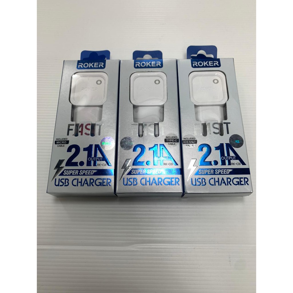 Charger ROKER 2.1A RK-C01 with kabel lightning / charger ROKER 2.1A for iphone / TYPE-C &amp; MICRO-USB