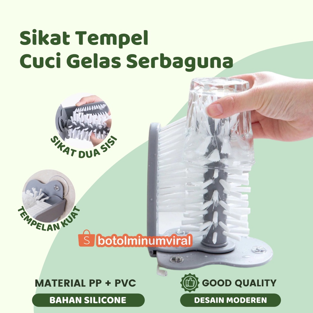 Sikat Botol Gelas Tempel Wastafel Sikat Cuci Serbaguna Pembersih Bahan PP PVC Premium Alumunium Brush Elastis Abu-abu Putih Praktis Elegan Unik Multifungsi Easy to Install untuk dinding Wastafel Keramik dengan psuction cup mudah digunakan dipasang