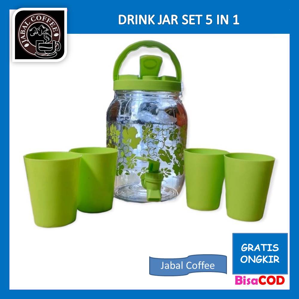 Drink Jar Set Gelas / Drink Jar Set Ukuran 2.5 Liter Isi 5 Pcs / Set Dispenser Mini 2,5 Liter Dan Empat Gelas