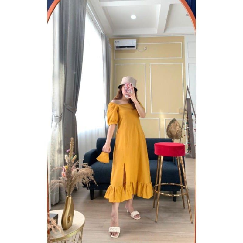 Dress Wanita Korean Dress Midi Slit Smocked Dress Slit Dress SlitDress DressWanita Dresscewek+free masker