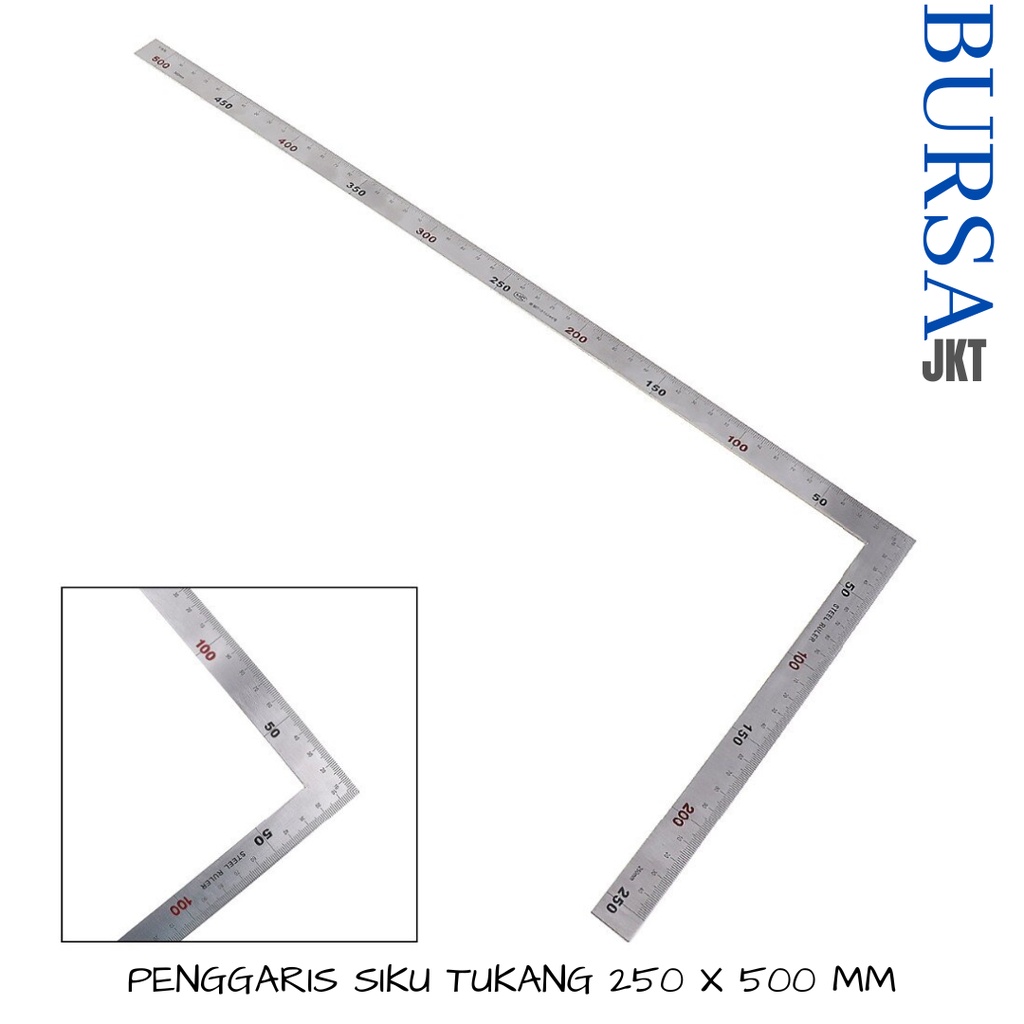 PENGGARIS SIKU 90 DERAJAT STAINLESS STEEL 50 CM ALAT PERTUKANGAN DUA SISI PRESISI